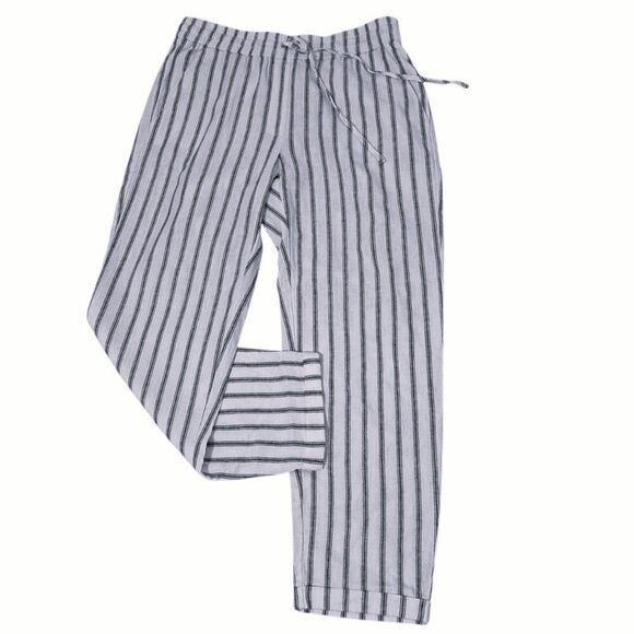 J Crew Factory Women's Linen Cotton Drawstring Pants Br451 White Gray Striped  6 - Picture 1 of 7